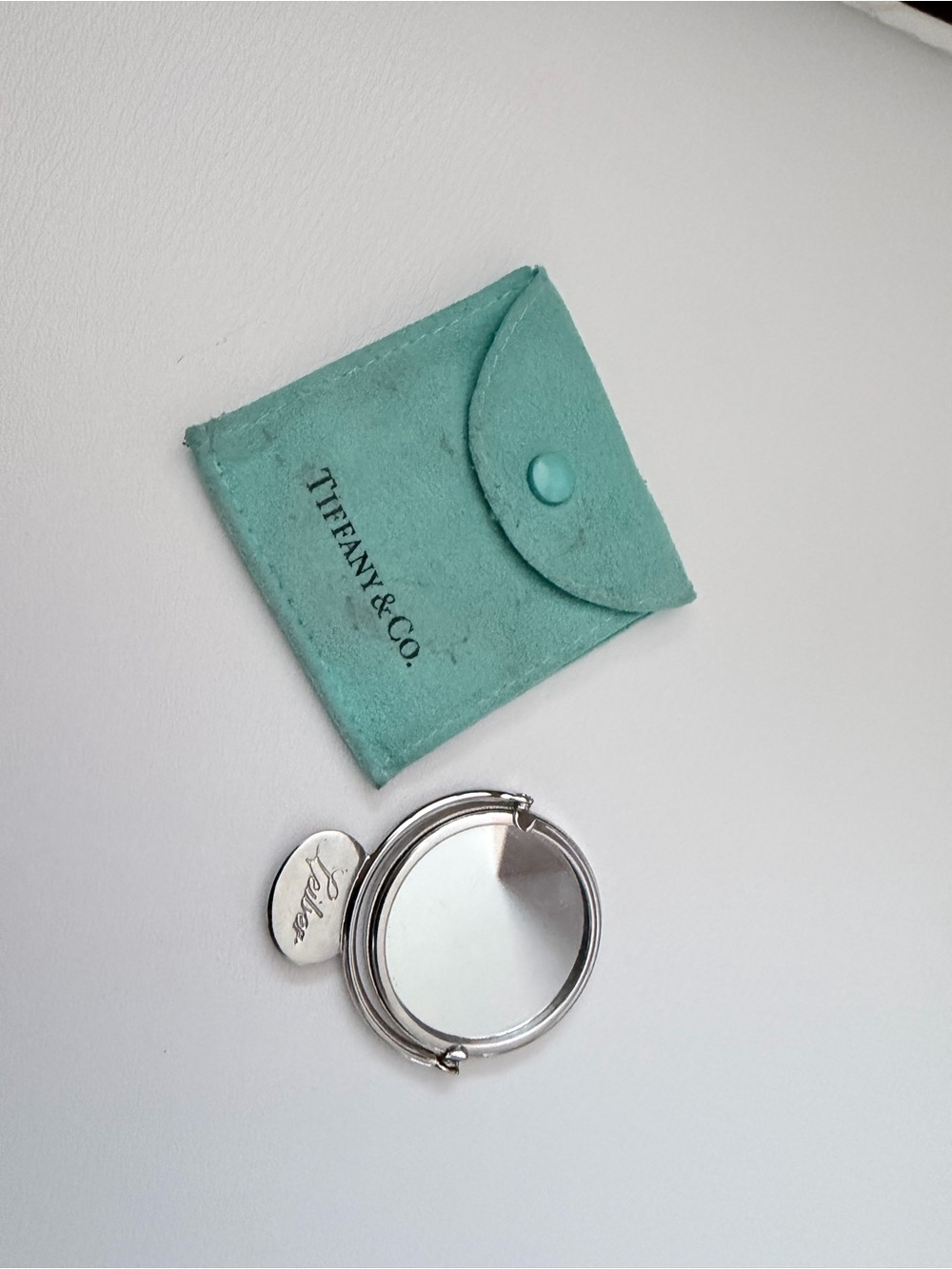 Tiffany & Co. Turquoise Velvet Pouch with Silver Compact Mirror